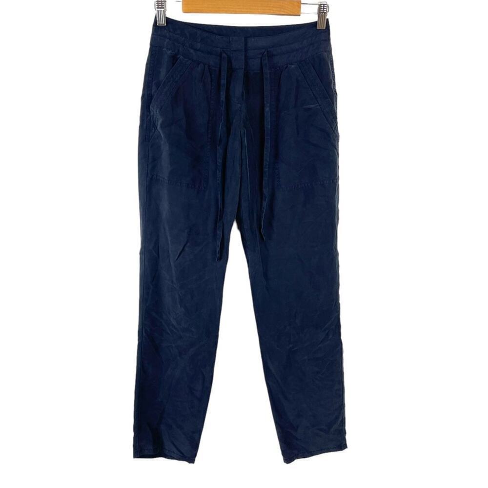 Theory 100% Silk Dunes Sidonia T Silk Ankle Trousers Pants Drawstring Navy SZ 00